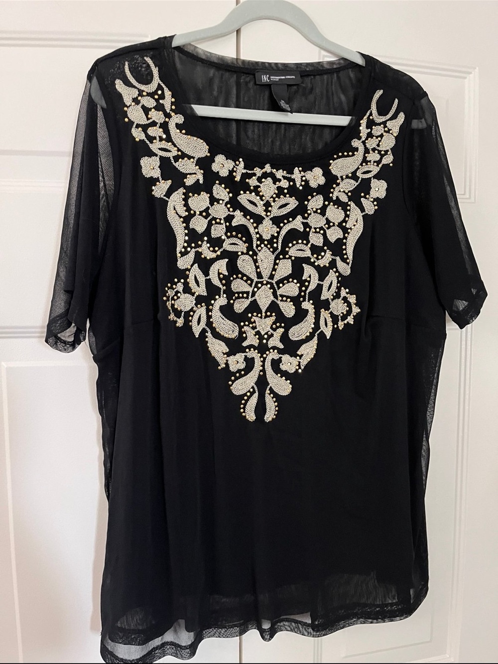 INC 3X Embroidered Studded Mesh Short Sleeve Top